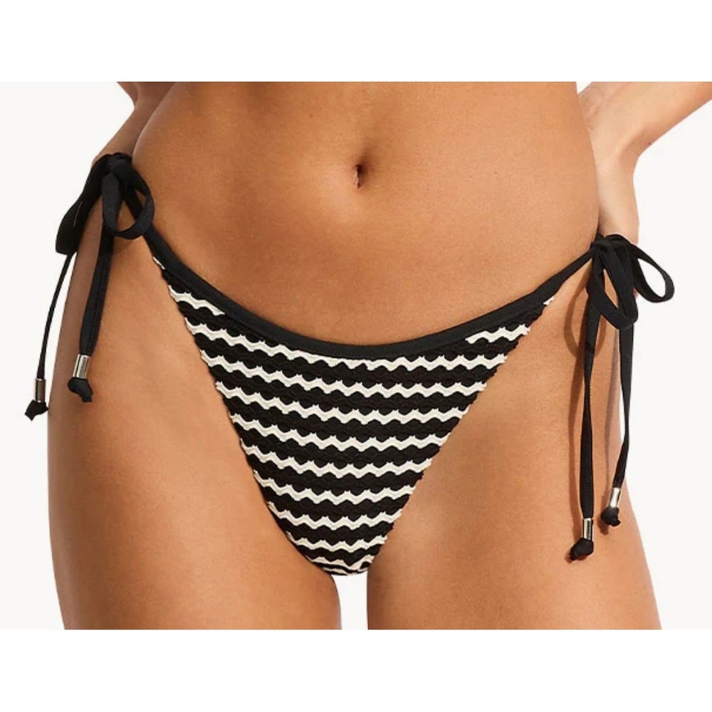 New SEAFOLLY Mesh Effect Tie Side Rio Pant Swim Bottom US 8 Black White Bikini